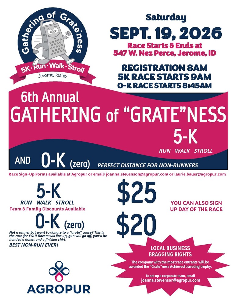 Flyer to get involved with Agropurs ^gth annuel gathering got grate-ness 0-K and 5-K on september 19th 2026. agropure graphics in pink and navy blue across flyer with a Cheese grater running as a mascot. $25 for 5-K and $20 for 0-K