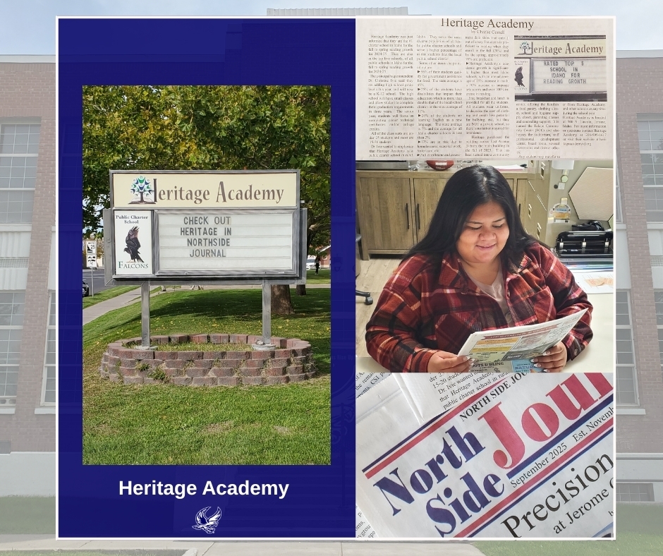 A split photo of  Mrs. Rico reading the North Side Journal of our feature  and on the other side a photo of the heritage reader board in the front of the school that says " Check out Heritage in the North Side journal" 