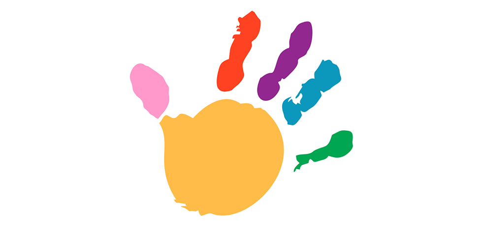 An illustration of a hand print made with multiple colors of finger paint