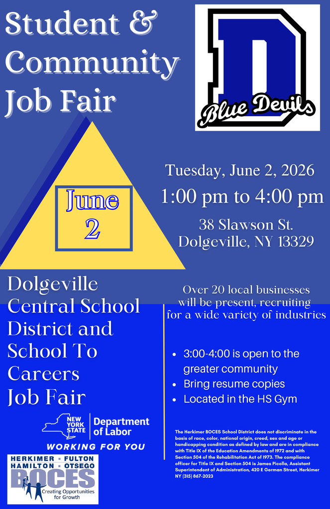 Community job fair flyer image with the same info as this post along with the Dolgeville logo and Herkimer BOCES logo