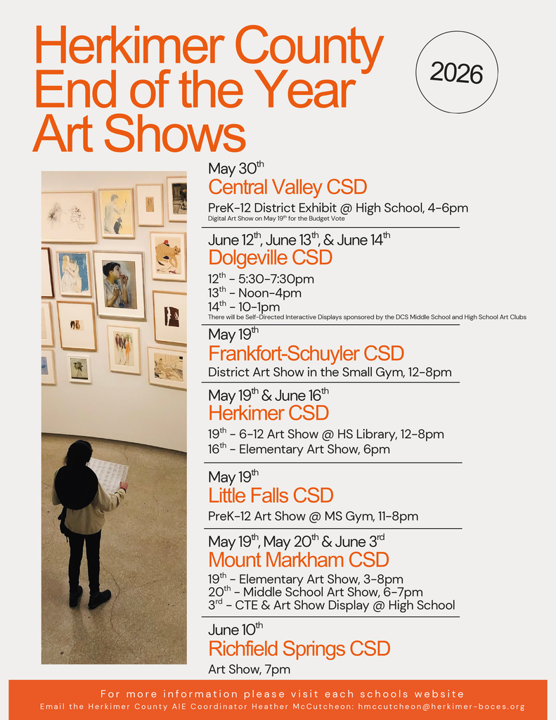 Herkimer County End fo the Year Art Shows listing art shows at Central Valley, Dolgeville, Frankfort-Schuyler, Herkimer, Little Falls, Mount Markham and Richfield Springs