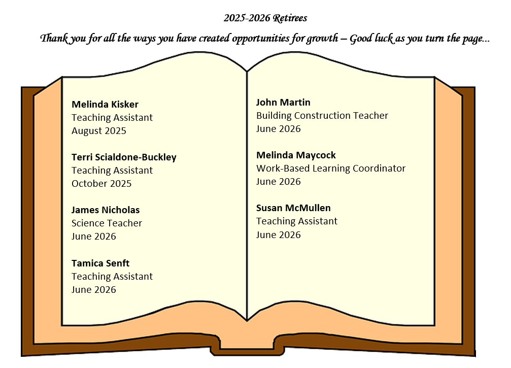 Illustration of a book congratulating and listing 2025-26 retirees