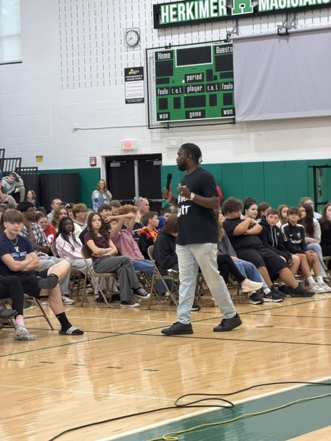Dunkan Kirkwood speaking to Herkimer CSD students