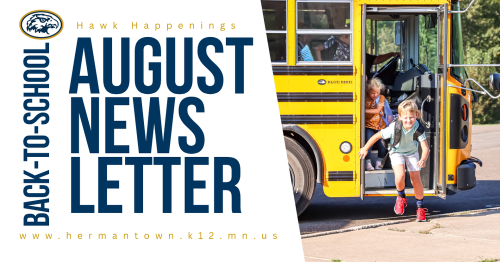 Graphic announcing the August newsletter with two kids getting off the school bus