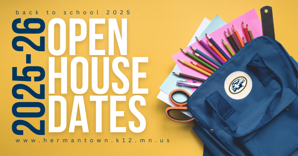 backpack with school supplies advertising open house dates