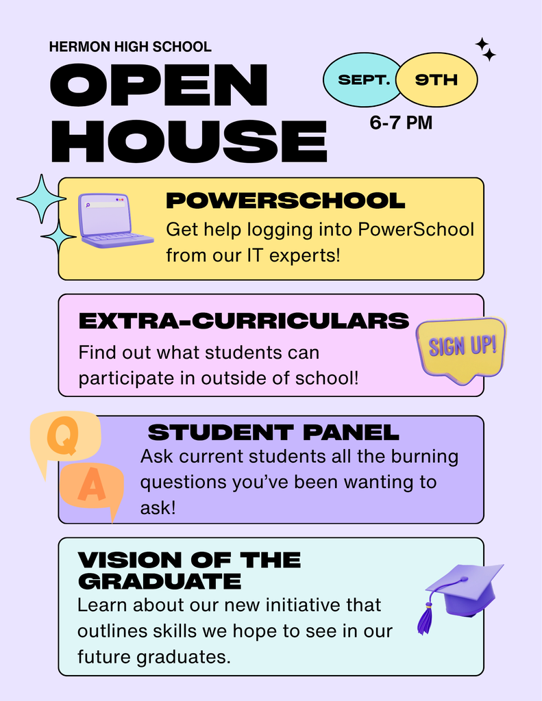Open House September 9th from 6-7 PM.