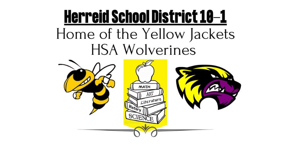 Herreid School District 10-1, Home of the Yellowjackets and HSA Wolverines with and image of a yellowjacket and wolverine mascost on either side of a stack of school books.
