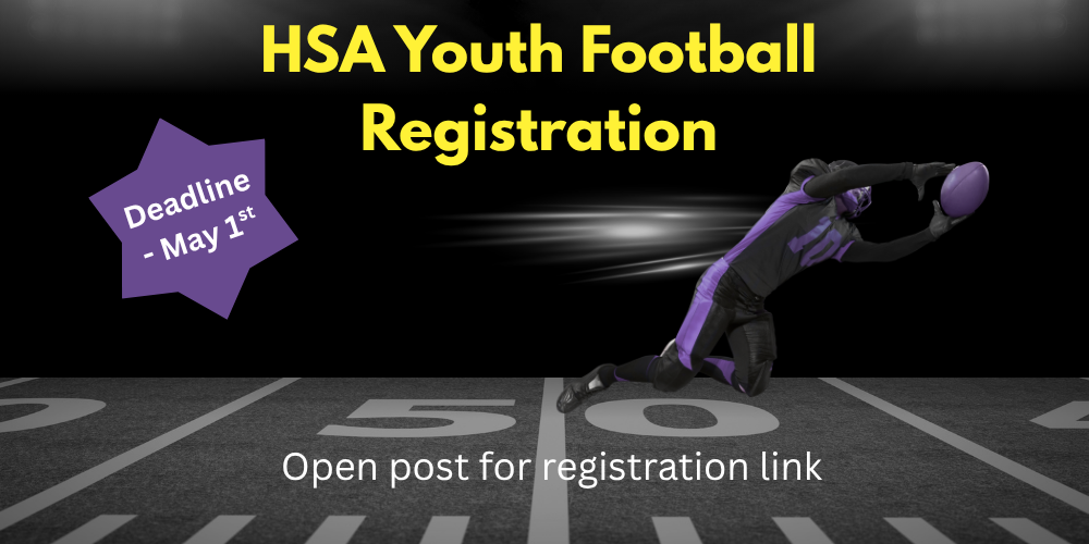 Text "Youth Football Registration Deadline May 1. Open post for registration link." on a black background with  football markings and a football player catching a ball.