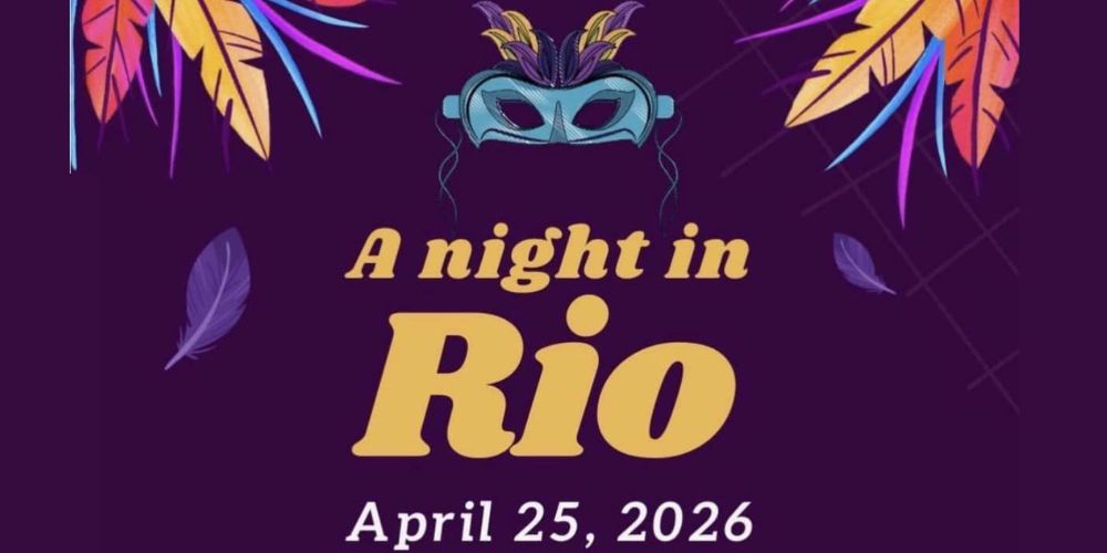 A night in Rio, April 25, 2026 on a purple background with a blue Carnival mask and colorful flowers.