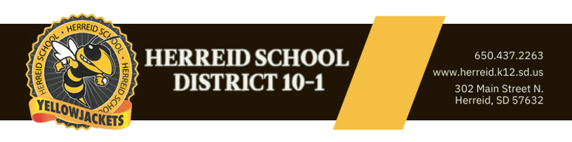 Herreid School District 10-1 with a yellowjack inside a seal. Contact information for the school is also included.