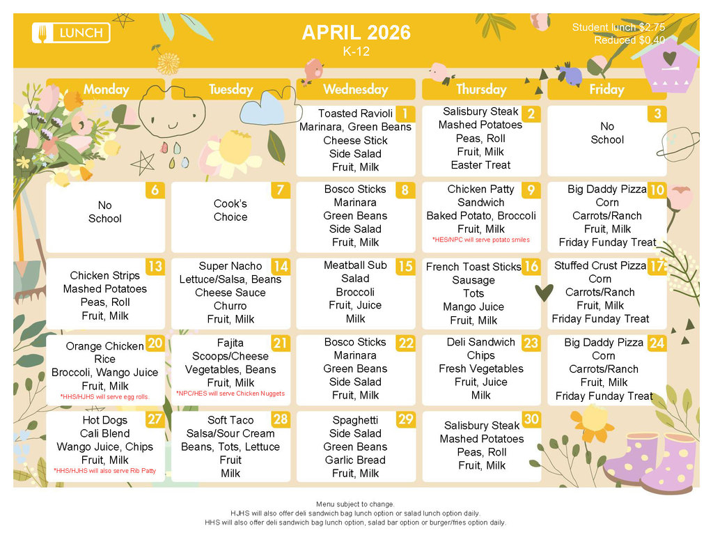 April Lunch Menu
