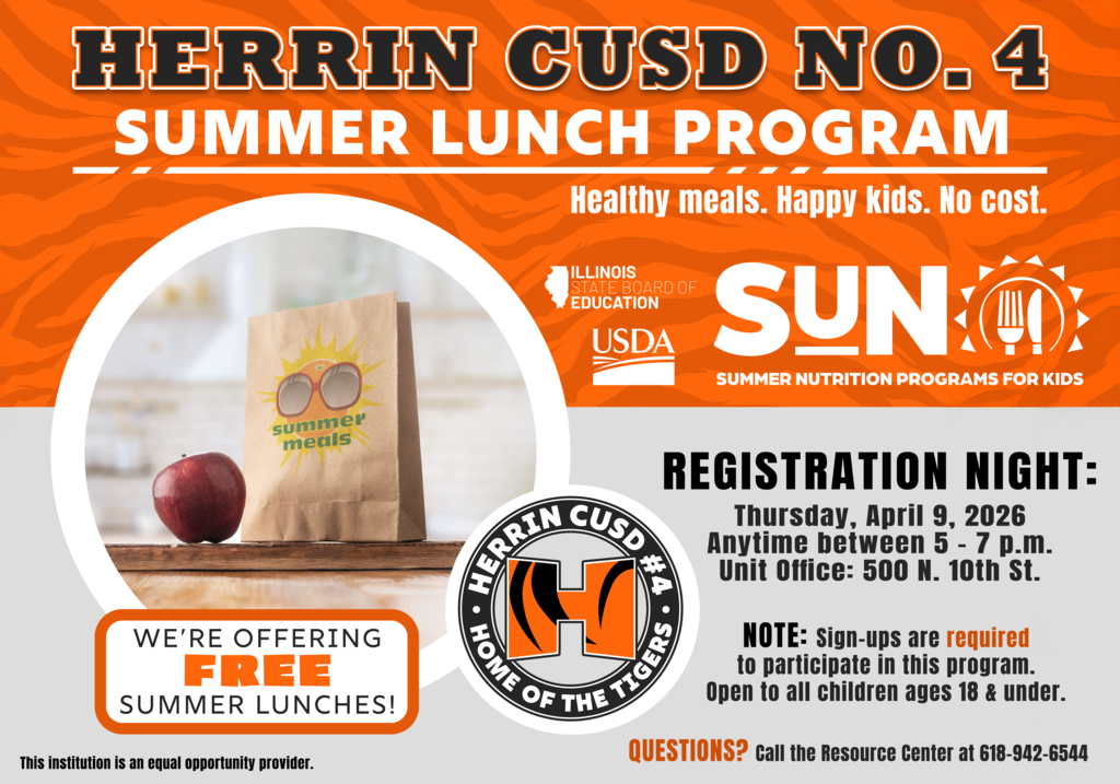 Event flyer for Herrin CUSD No. 4 Summer Lunch Program Registration Night. Happening Thursday, April 9, 2026, from 5 to 7 p.m. at the Unit Office, 500 N. 10th St. Free for all children ages 18 and under.