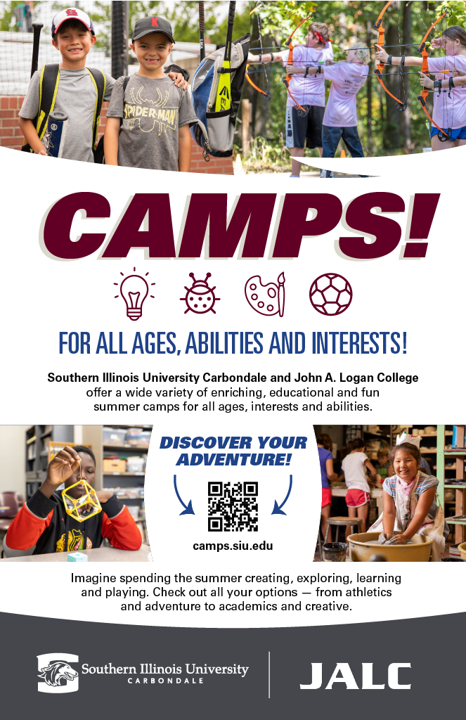 A promotional flyer titled "CAMPS! FOR ALL AGES, ABILITIES AND INTERESTS!" co-branded by Southern Illinois University Carbondale and John A. Logan College (JALC). The flyer features four photos of children participating in summer camp activities: two boys smiling with sports gear, kids practicing archery outdoors, a boy building a 3D geometric shape, and a girl smiling while working at a pottery wheel. Icons representing science (lightbulb), nature (ladybug), art (palette), and sports (soccer ball) are displayed. The flyer includes a QR code and the text "Discover your adventure! camps.siu.edu".