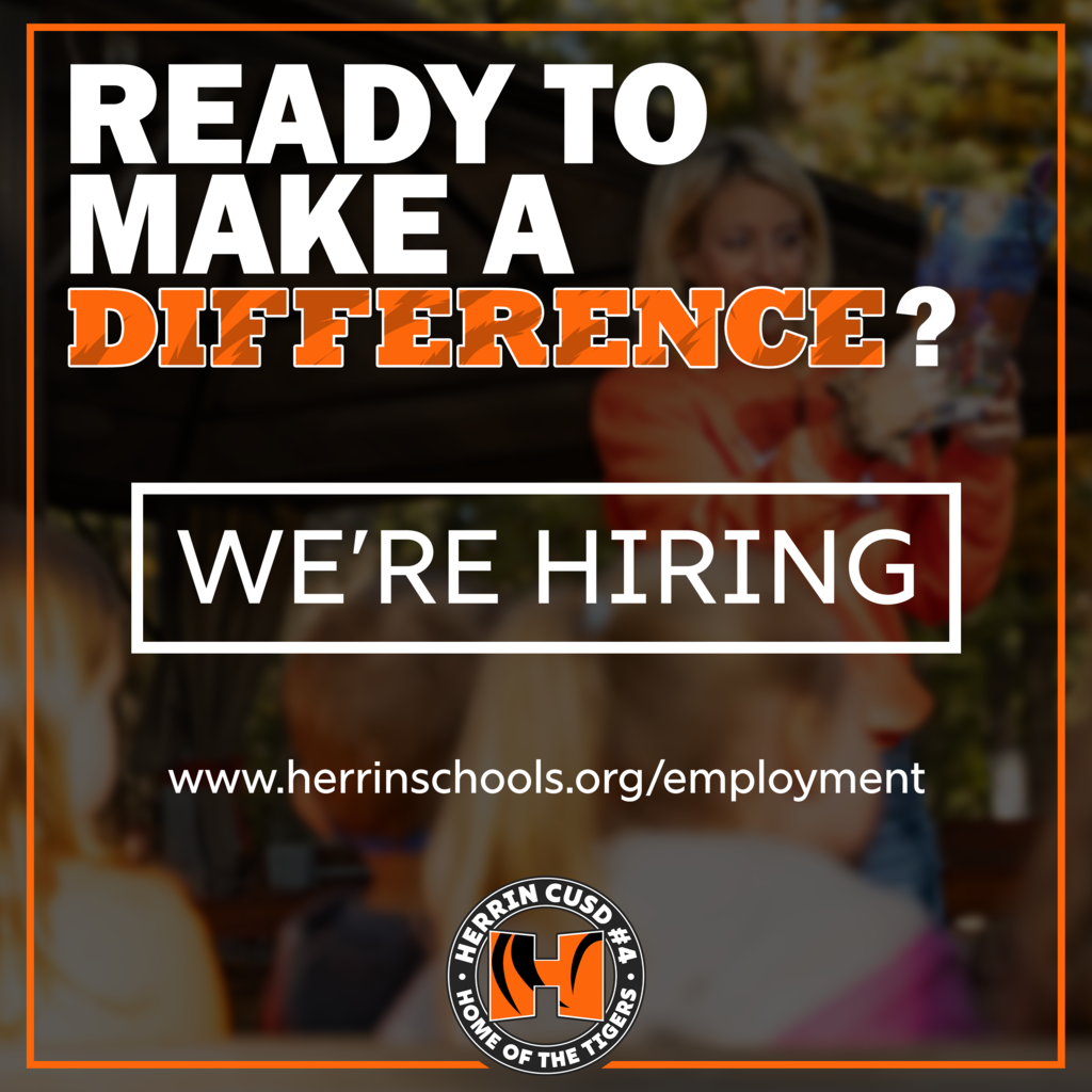 Recruitment graphic with bold text reading "READY TO MAKE A DIFFERENCE? WE'RE HIRING." The background features a dimmed photo of a teacher reading to students. Includes the website URL www.herrinschools.org/employment and the official logo for Herrin CUSD #4, Home of the Tigers.