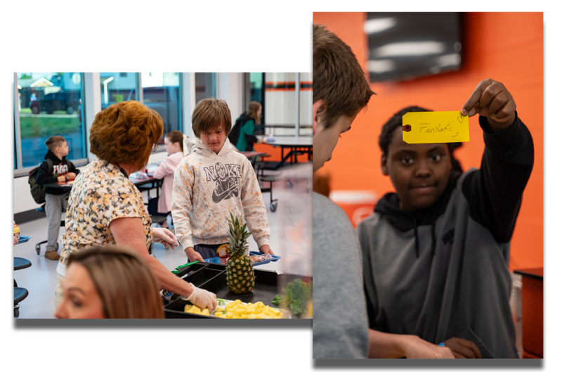 Students participate in a pineapple taste test for Every Kid Healthy Week. One photo shows a student receiving fresh fruit, and the other shows a student holding a feedback card that says "Fantastic."