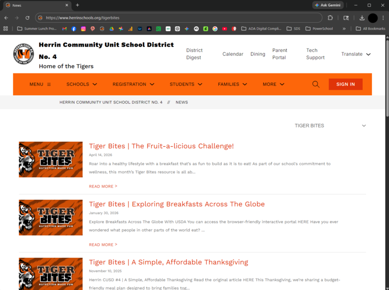 Screenshot of the Herrin Schools "Tiger Bites" webpage, a digital resource library providing nutrition tips and healthy challenges for students and families.