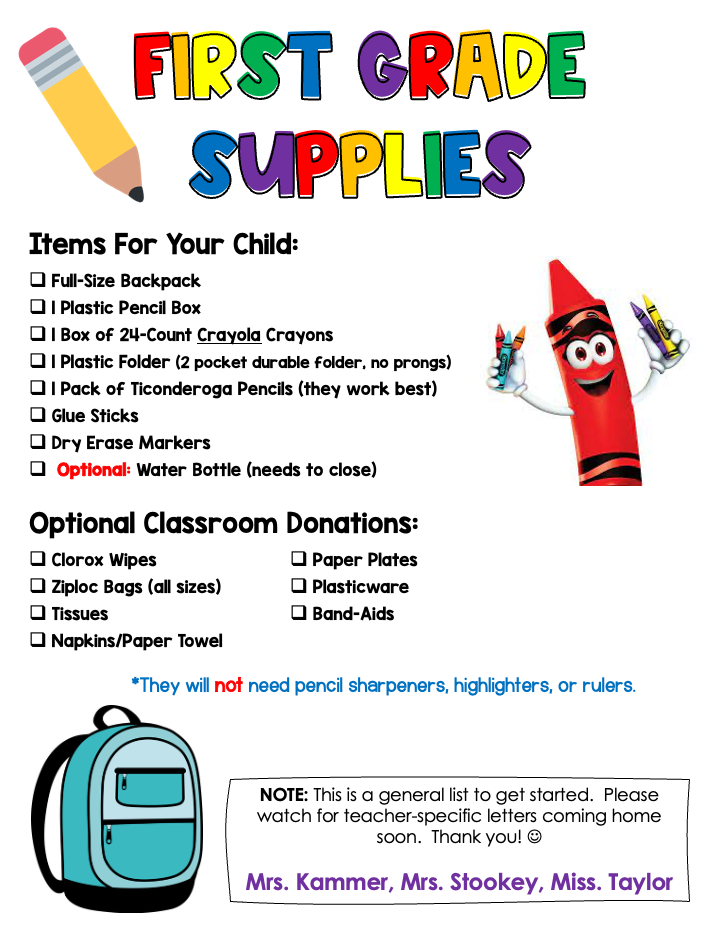 1st Grade Supply List