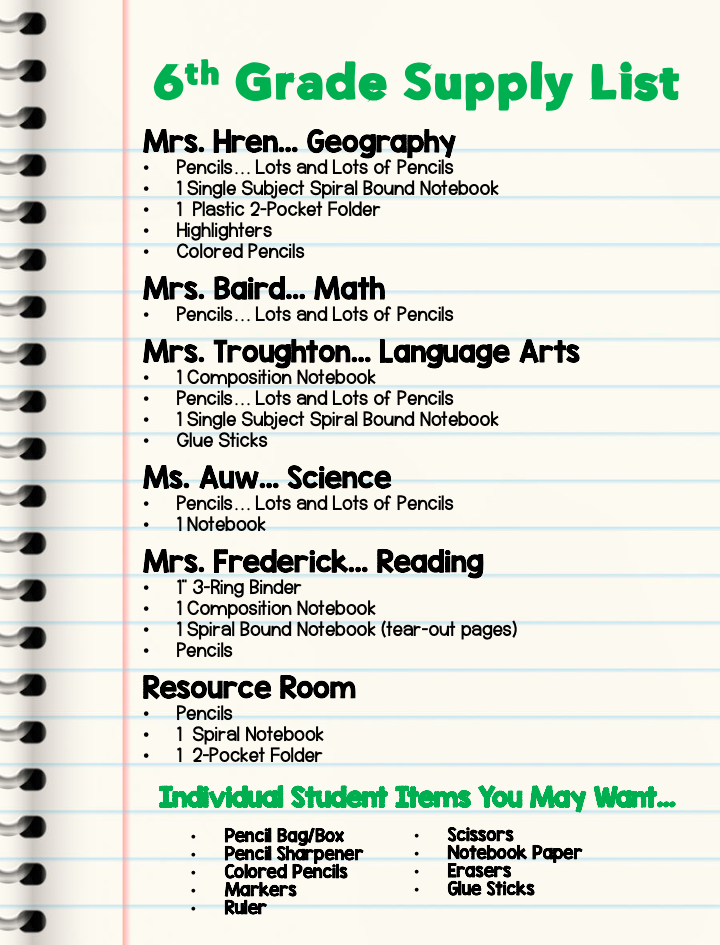 6th Grade Supply List