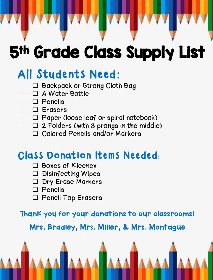 5th Grade Supply List