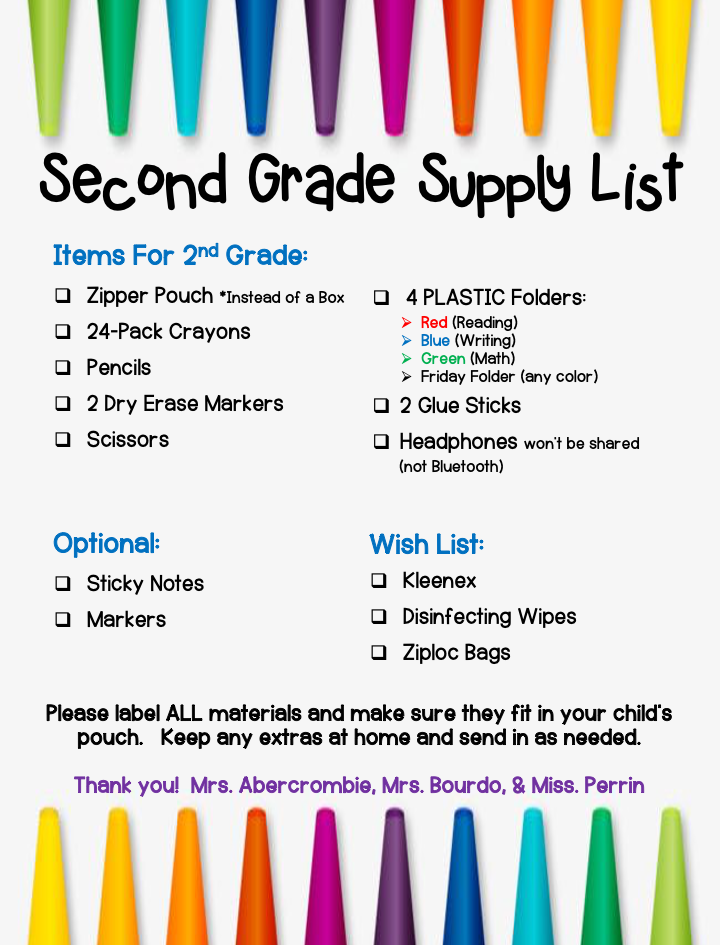 2nd Grade Supply List