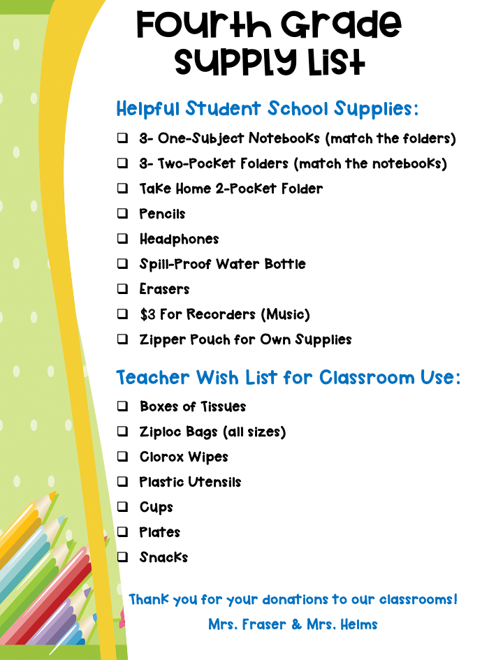 4th Grade Supply List