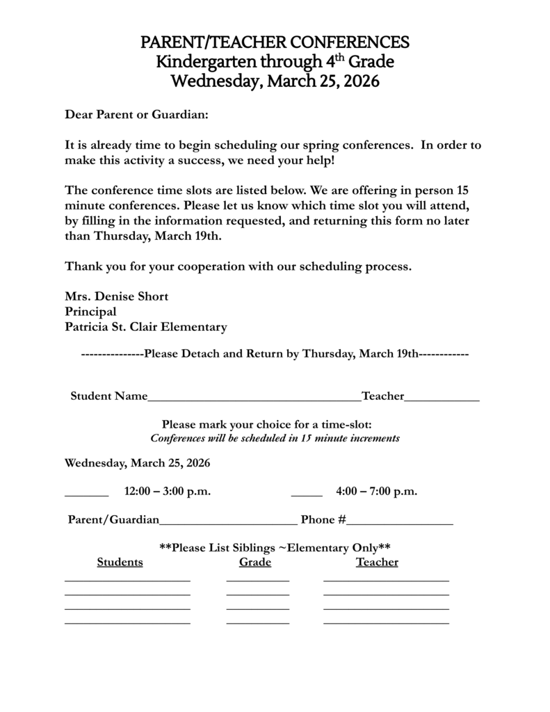 Elementary Parent Teacher Conferences 3/25/26