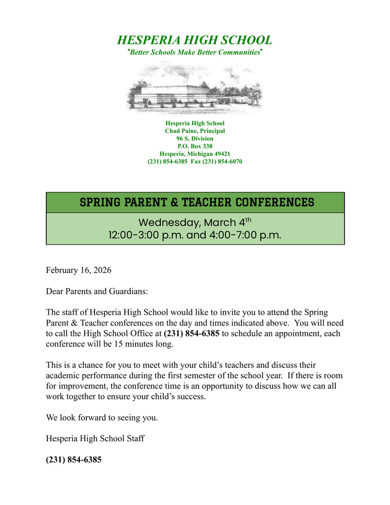 High School Parent Teacher Conferences 3/4/26