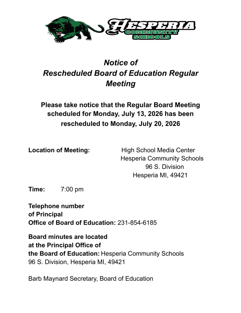 Board Meeting Rescheduled
