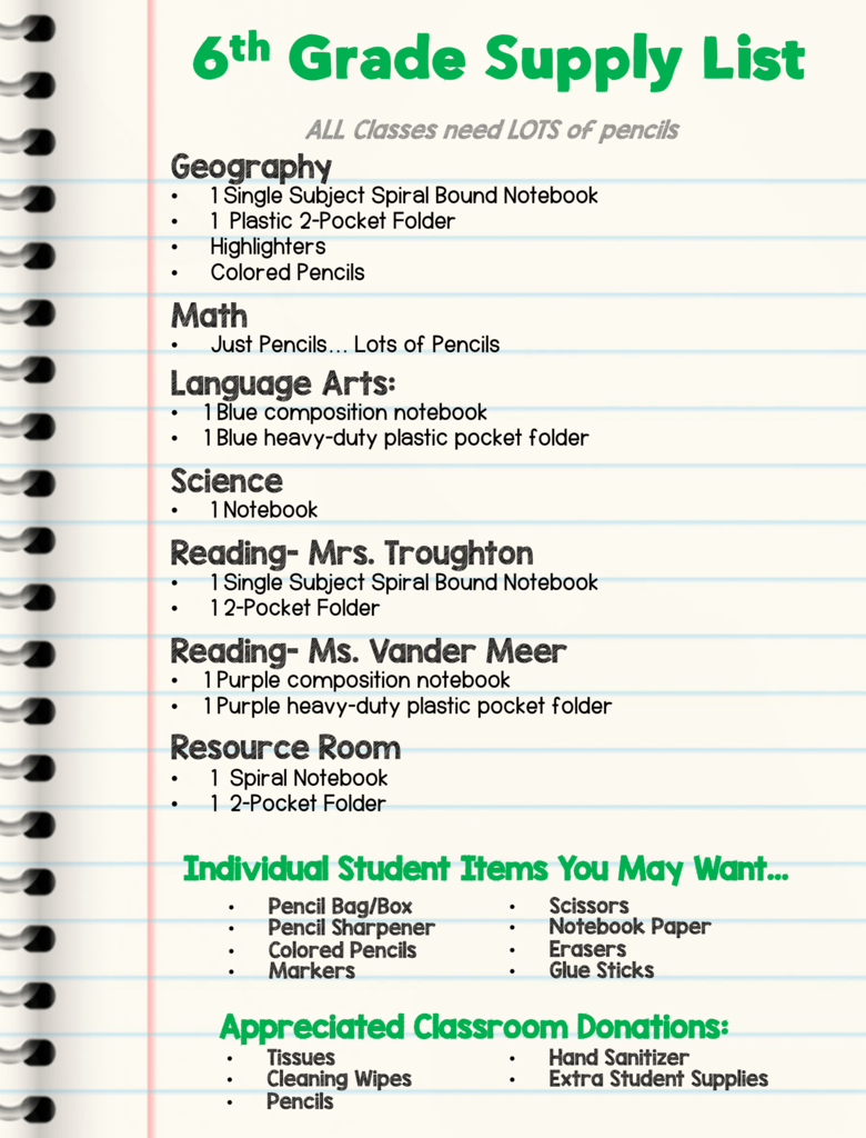 6th Grade Supply List