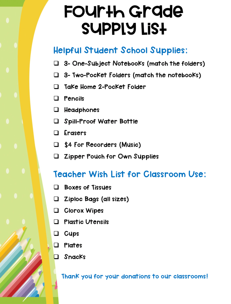 4th Grade Supply List