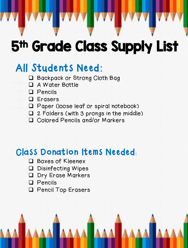 5th Grade Supply List