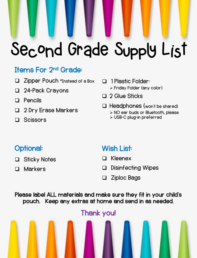 2nd Grade Supply List