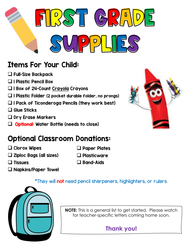 1st Grade Supply List