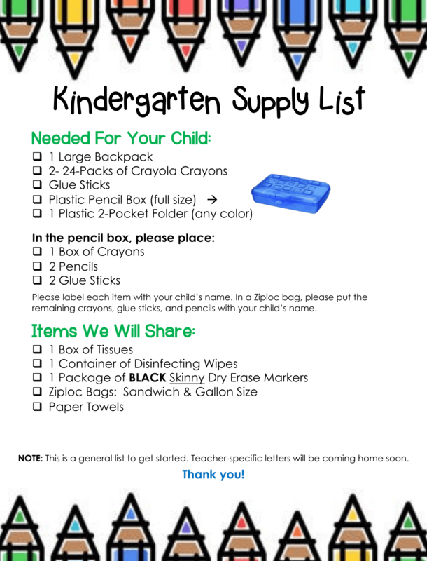 Kindergarten Supply List