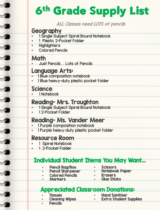 6th Grade Supply List