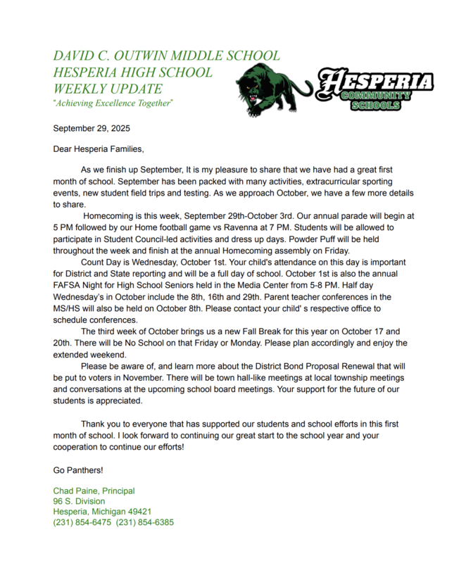 Mr. Paine's Update 9/29/25