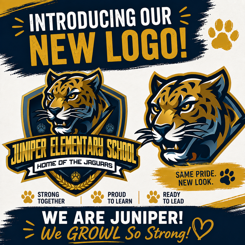 Flyer announcing Juniper Elementary's new logo.