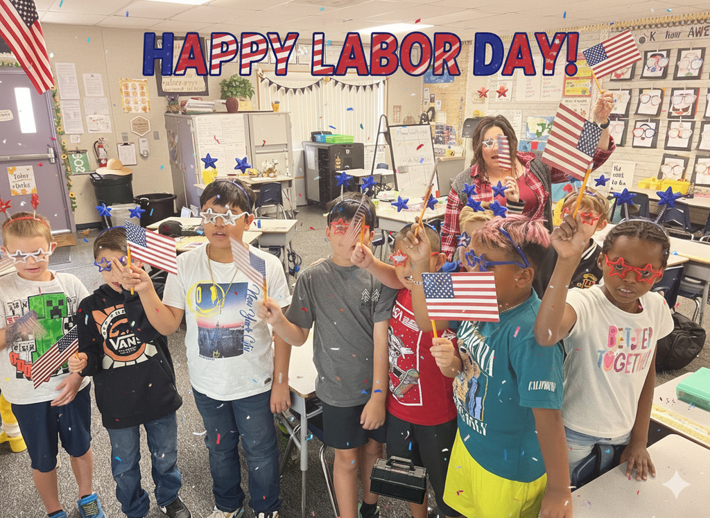 Students waving American flags in class