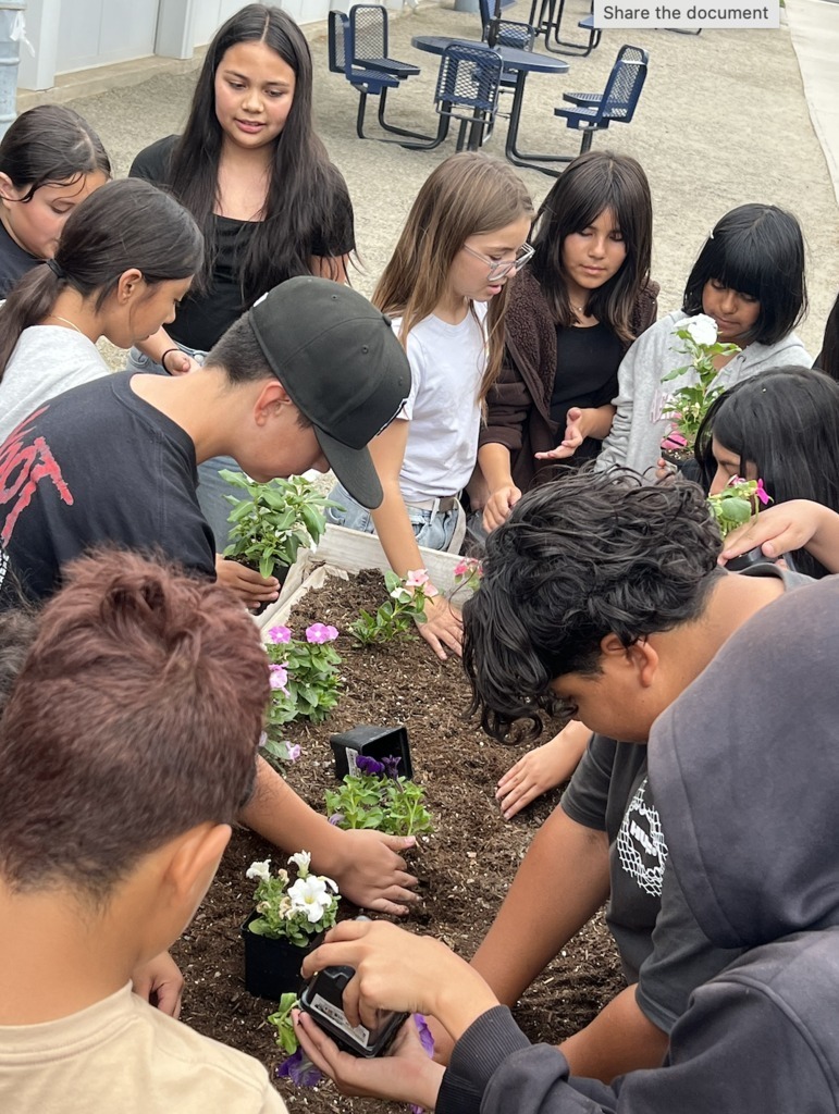 students planting flowers