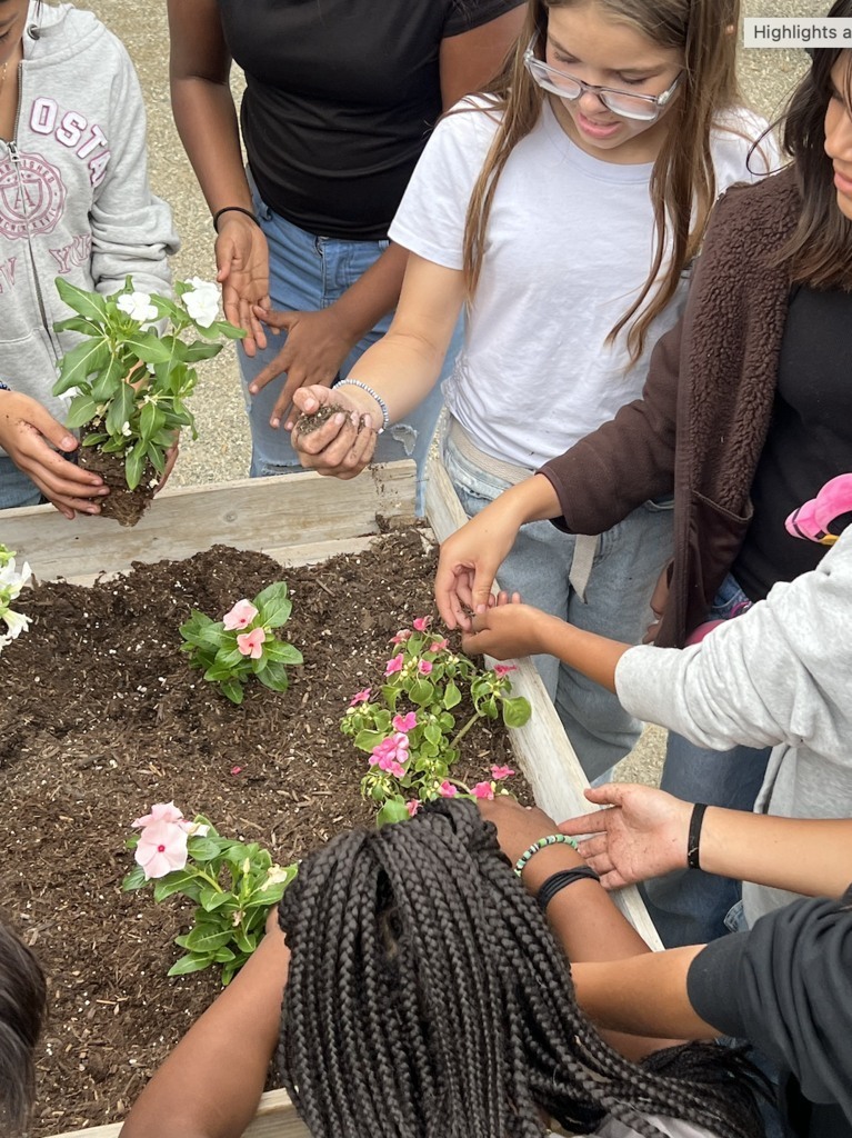students planting flowers
