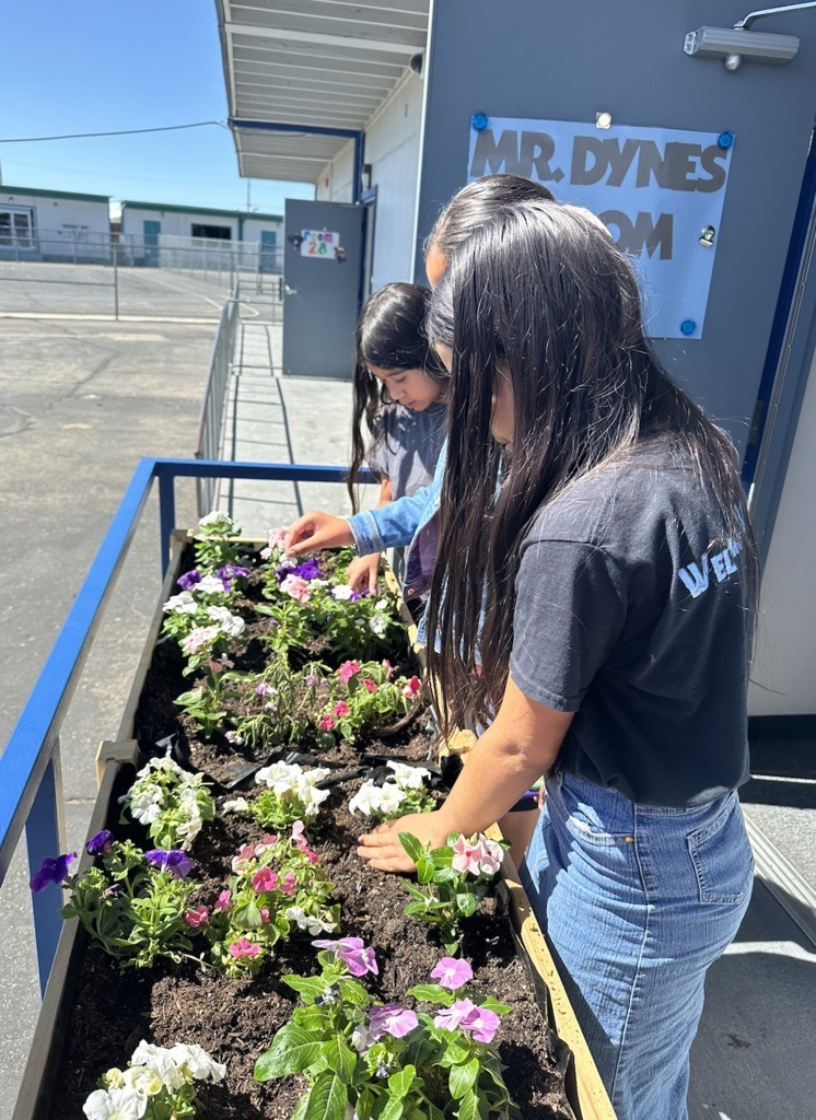 students planting flowers