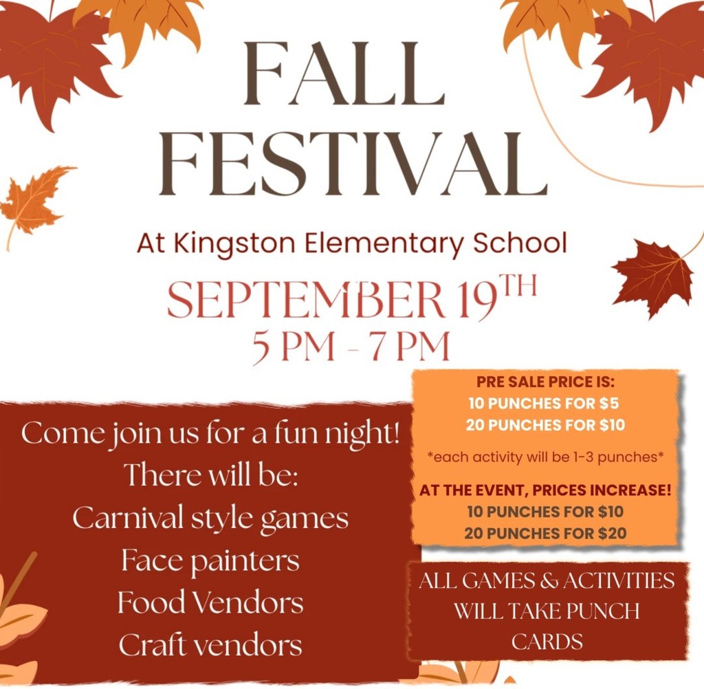 Fall Festival announcement flyer for September 19th from 5PM - 7PM at Kingston Elementary