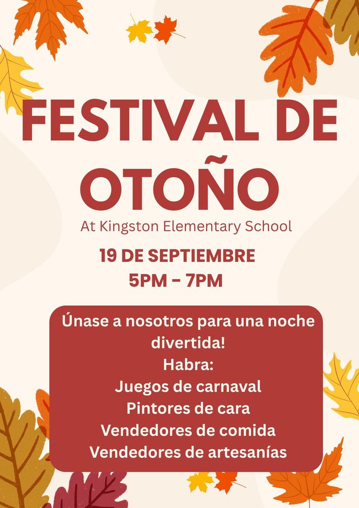 Fall Festival announcement flyer for September 19th from 5PM - 7PM at Kingston Elementary