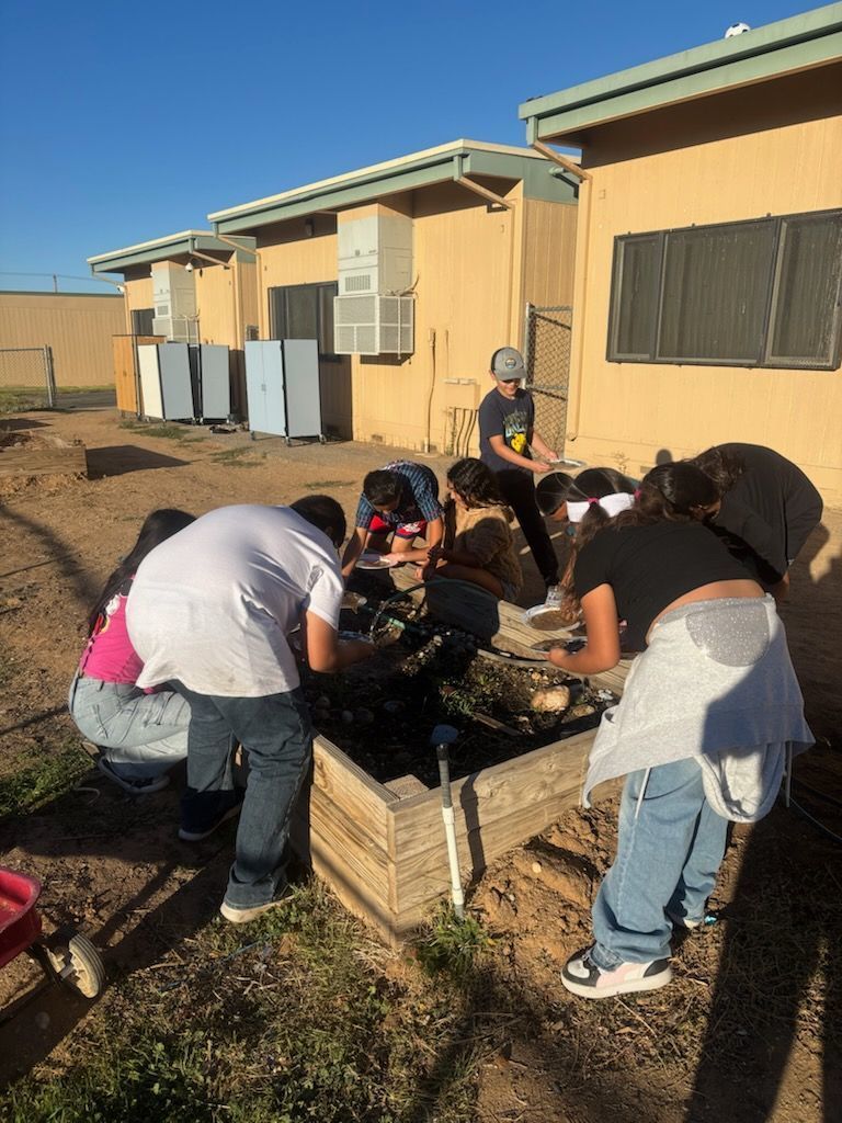 students working on garden