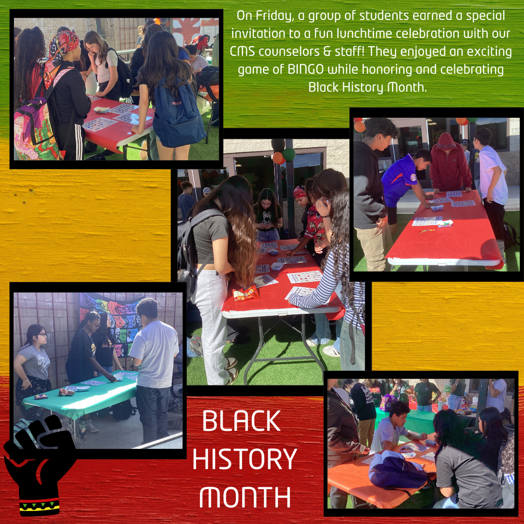 On Friday, a group of students earned a special invitation to a fun lunchtime celebration with our CMS counselors & staff! They enjoyed an exciting game of BINGO while honoring and celebrating Black History Month.   