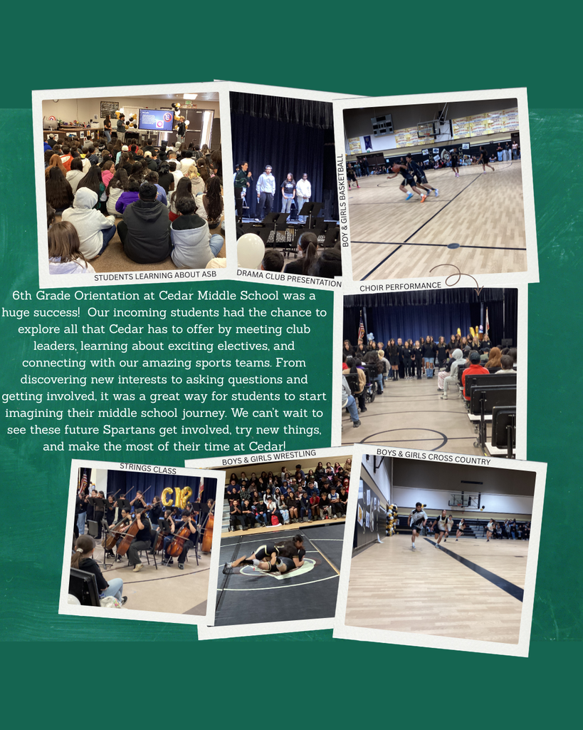 6th Grade Orientation at Cedar Middle School was a huge success!  Our incoming students had the chance to explore all that Cedar has to offer by meeting club leaders, learning about exciting electives, and connecting with our amazing sports teams. From discovering new interests to asking questions and getting involved, it was a great way for students to start imagining their middle school journey. We can’t wait to see these future Spartans get involved, try new things, and make the most of their time at Cedar!