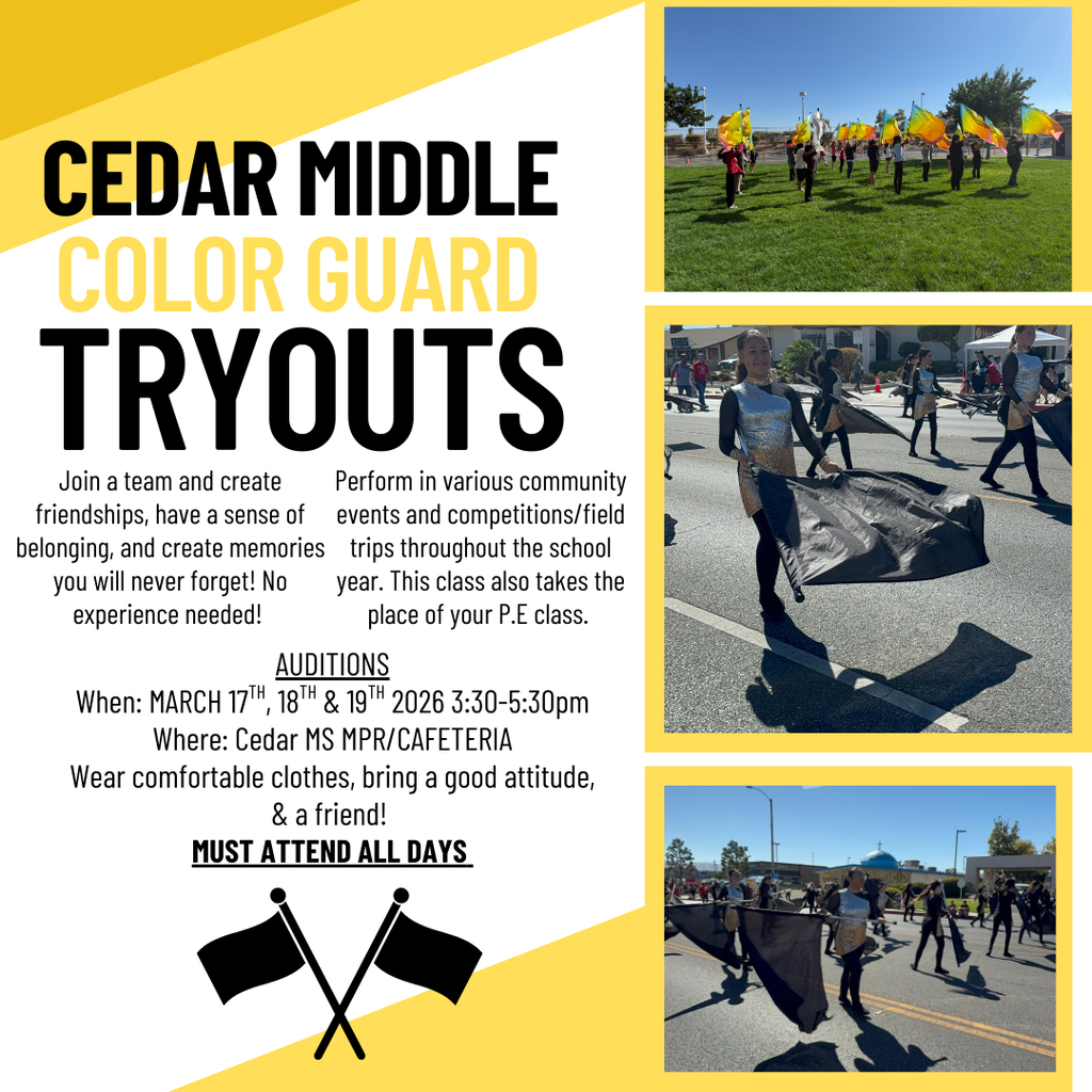 Color Guard Auditions are around the corner! Come out and join a fun and amazing team! This class also takes the place of P.E. No experience required! Email Ms. Shadel at kayla.shadel@hesperiasusd.org if you have any questions