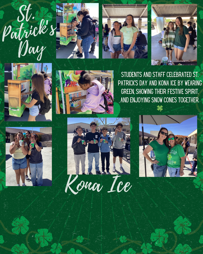 Students and staff celebrated St. Patrick’s Day and Kona Ice by wearing green, showing their festive spirit, and enjoying snow cones together. 🍀