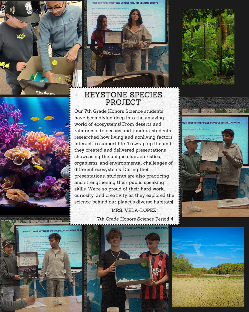 Our 7th Grade Honors Science students have been diving deep into the amazing world of ecosystems! From deserts and rainforests to oceans and tundras, students researched how living and nonliving factors interact to support life. To wrap up the unit, they created and delivered presentations showcasing the unique characteristics, organisms, and environmental challenges of different ecosystems. During their presentations, students are also practicing and strengthening their public speaking skills. We’re so proud of their hard work, curiosity, and creativity as they explored the science behind our planet’s diverse habitats! 