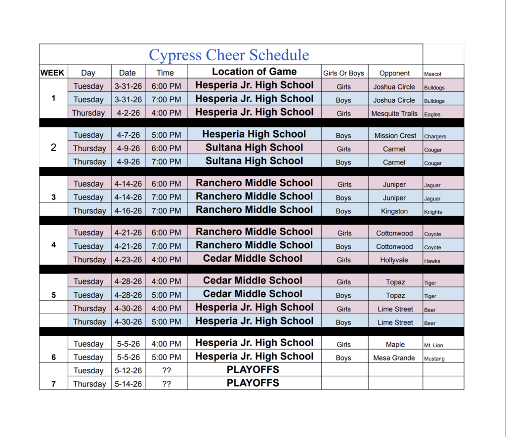 cheer schedule